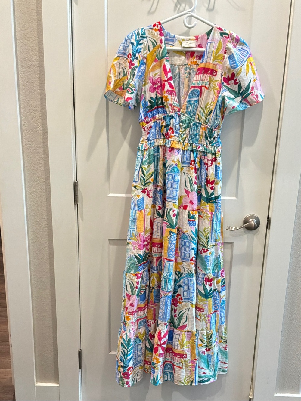 Dress Forum S white Multicolor Floral Print Dress Tropics Smocked Tiered Pockets
